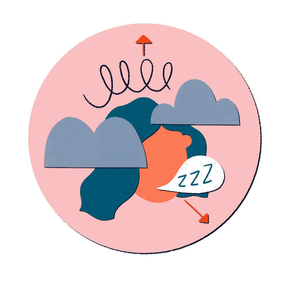 A woman's silhouette with a squiggle above it on the face of a clock with gray clouds