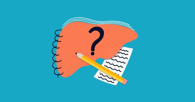 A liver with a spiral notebook edge, a question mark, and a piece of paper and pencil